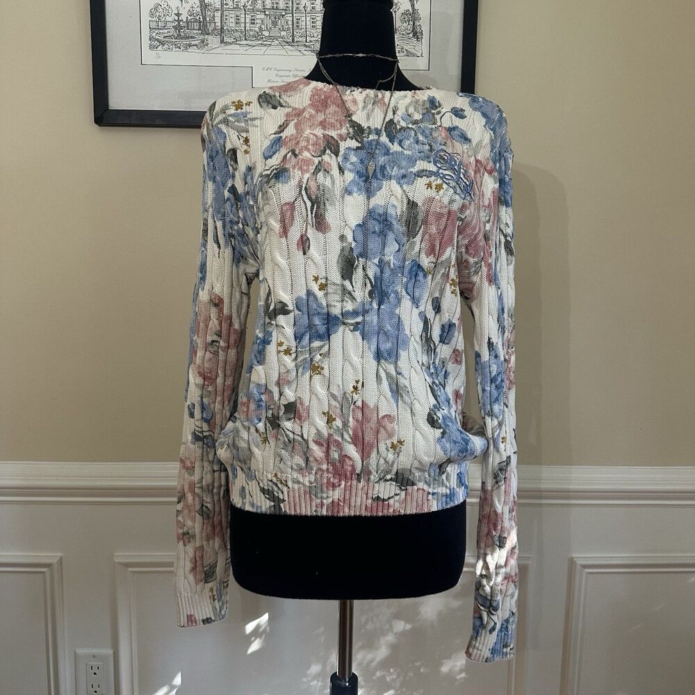 Lauren Ralph Lauren Floral Cable-Knit Cotton Sweater XL